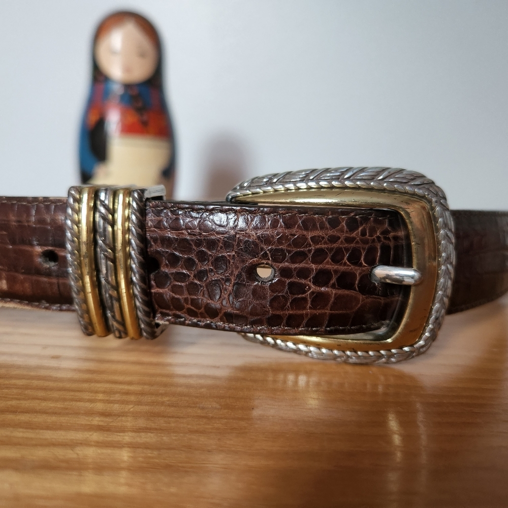 Brighton Belt Vintage Brown Leather Croc Belt / Large Gold Silver Rope Buckle